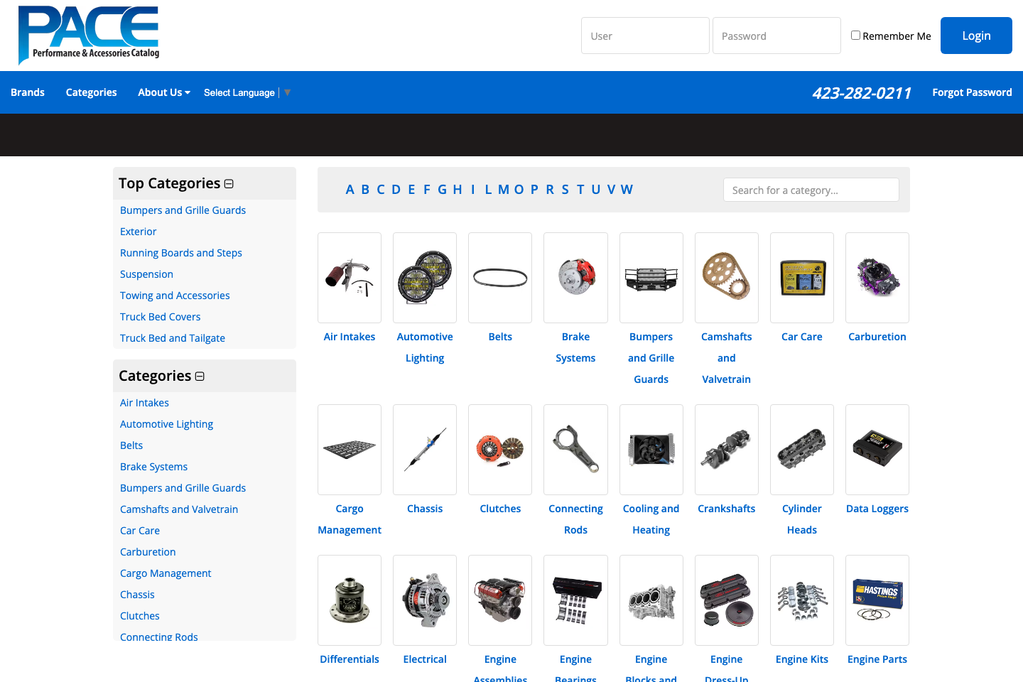 Real PACE catalog showing product search and automotive parts
